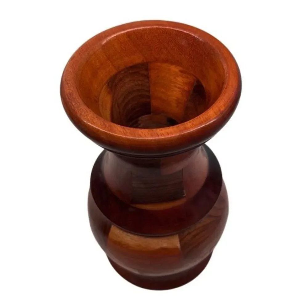 Vintage Multi Wood Mosaic Vase 8” Brown Hand Pieced Parquet Two-tone Segmented - Picture 9 of 11
